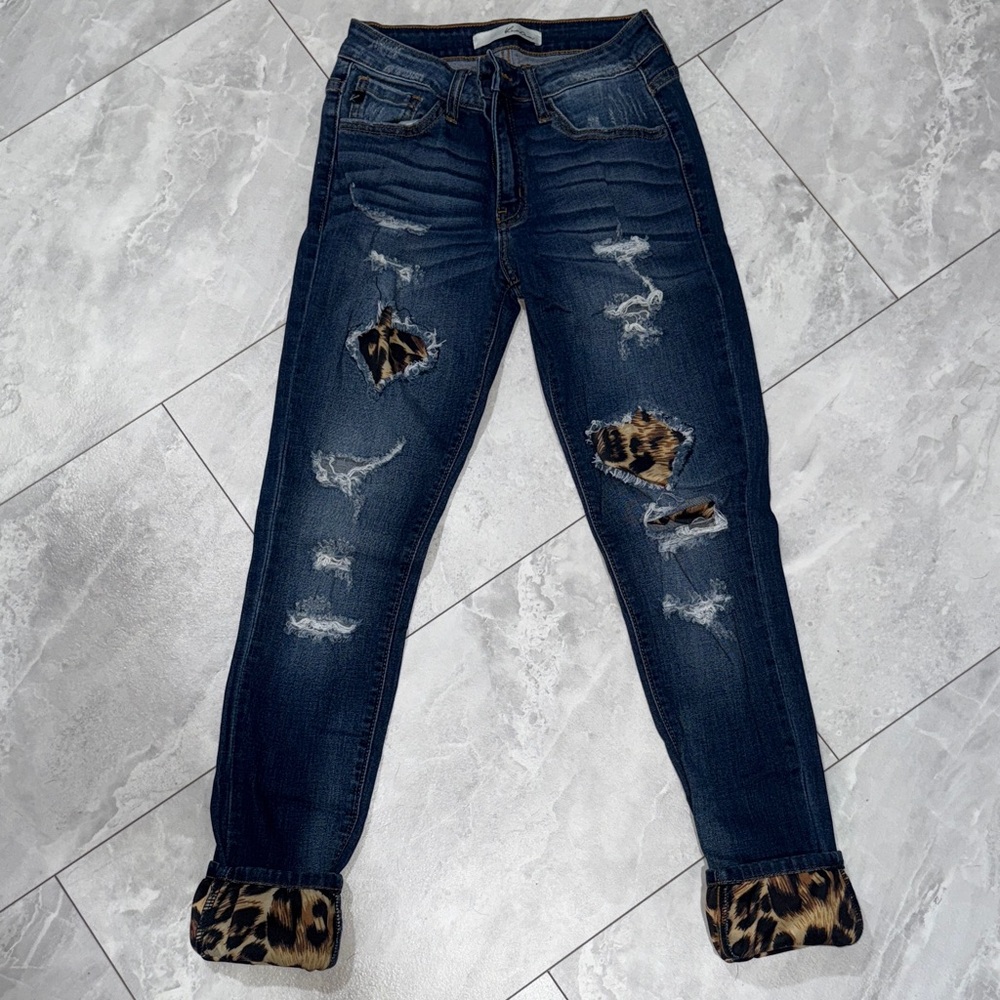 KanCan Mason Mid Rise Leopard Patch Skinny Jeans